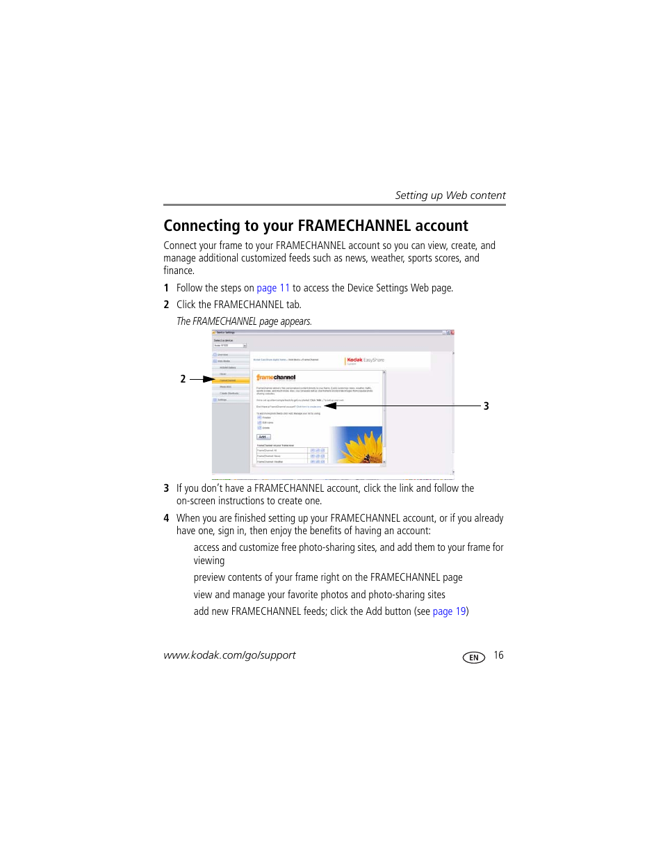 Connecting to your framechannel account | Kodak Digital Photo Frame User Manual | Page 23 / 89