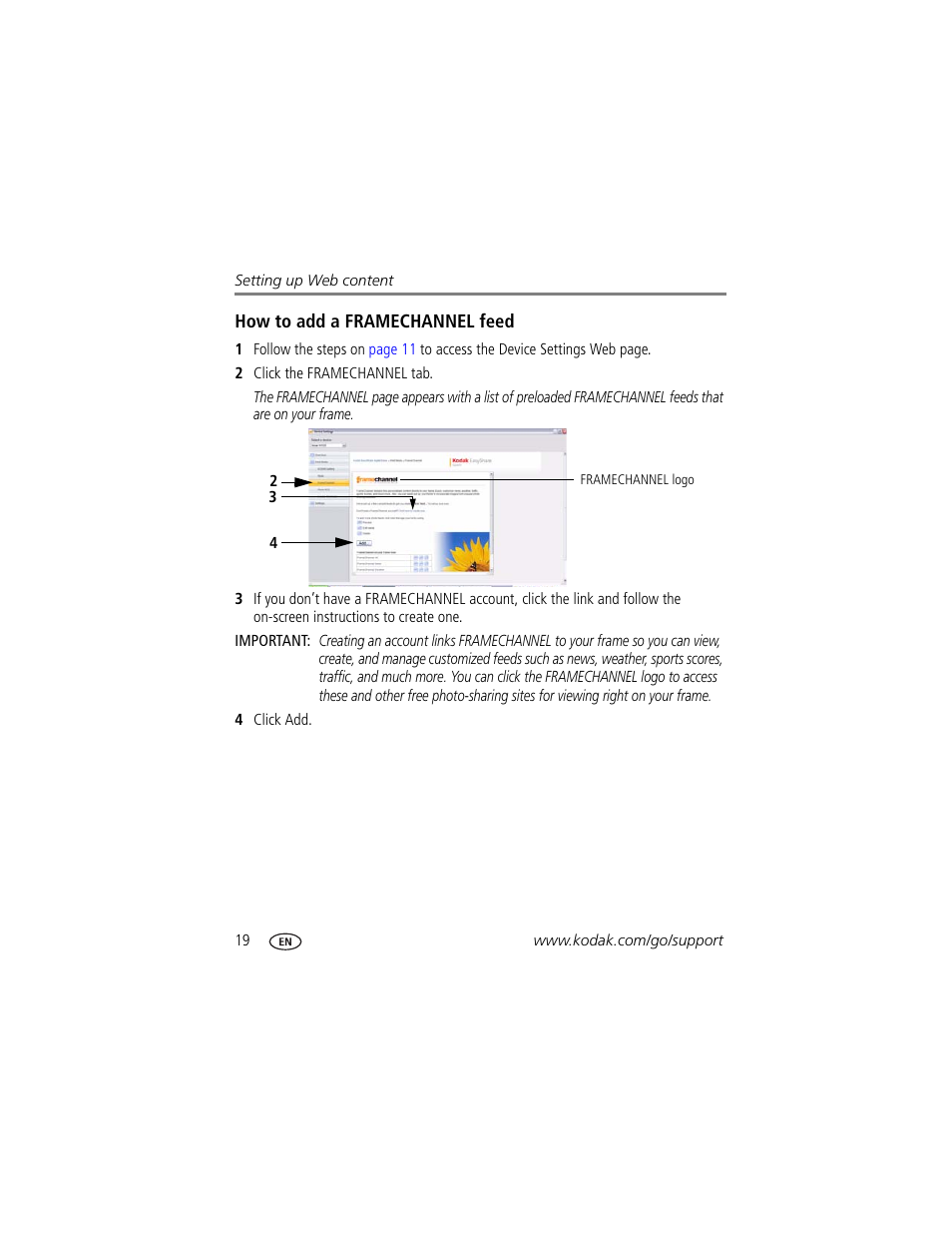 How to add a framechannel feed | Kodak Digital Photo Frame User Manual | Page 26 / 89