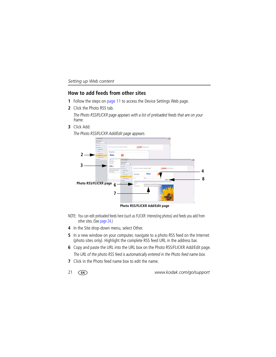 How to add feeds from other sites | Kodak Digital Photo Frame User Manual | Page 28 / 89