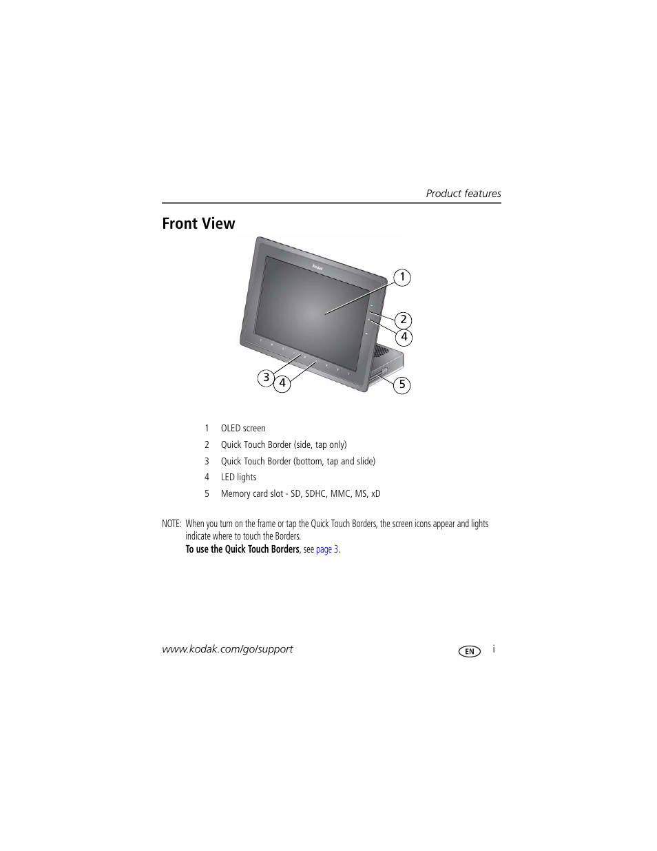 Product features, Front view | Kodak Digital Photo Frame User Manual | Page 3 / 89