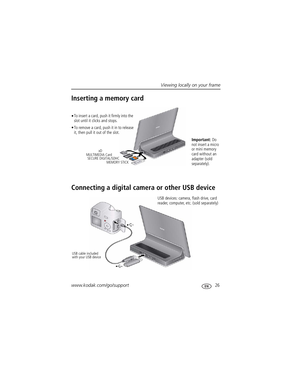 Inserting a memory card, Connecting a digital camera or other usb device | Kodak Digital Photo Frame User Manual | Page 33 / 89