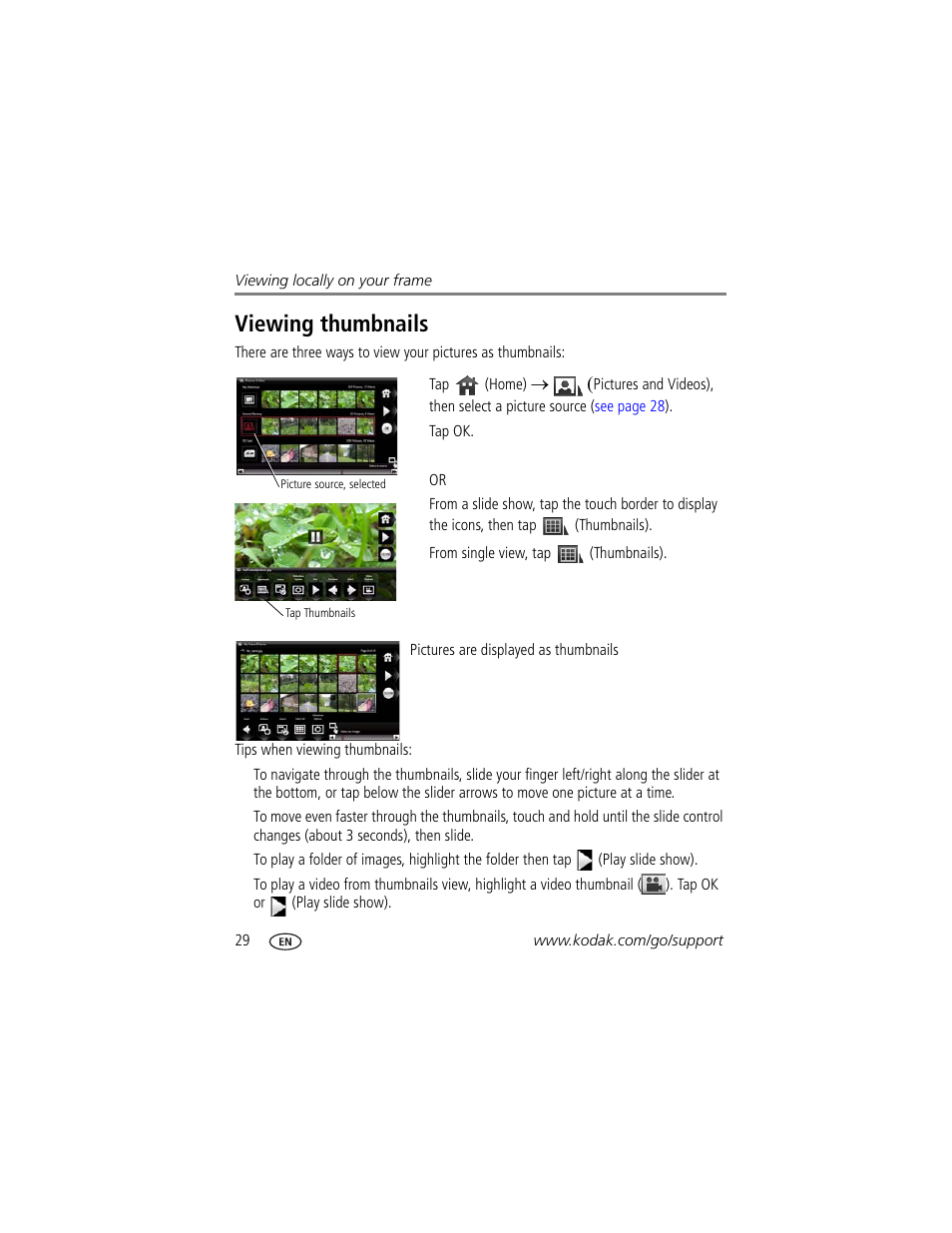 Viewing thumbnails | Kodak Digital Photo Frame User Manual | Page 36 / 89