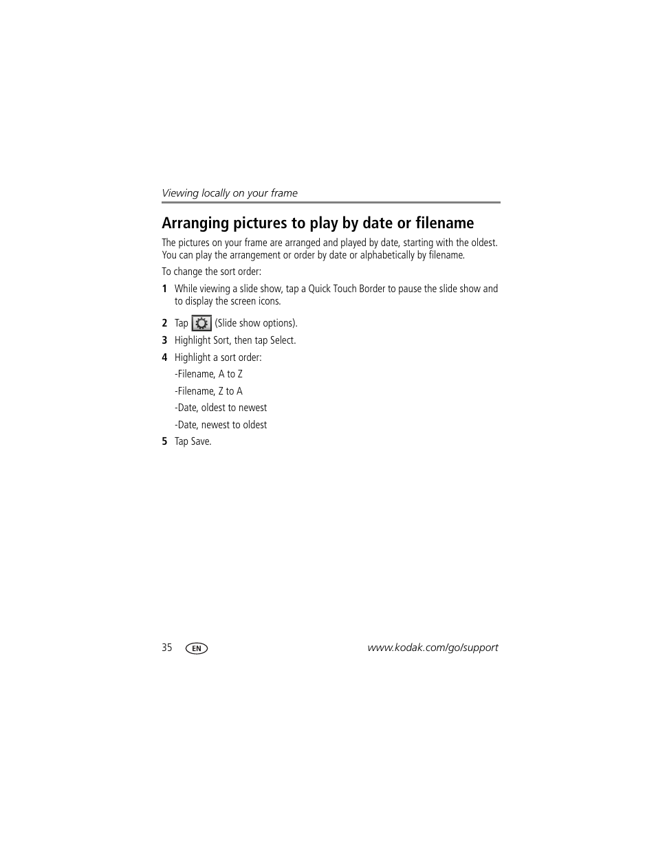 Arranging pictures to play by date or filename | Kodak Digital Photo Frame User Manual | Page 42 / 89