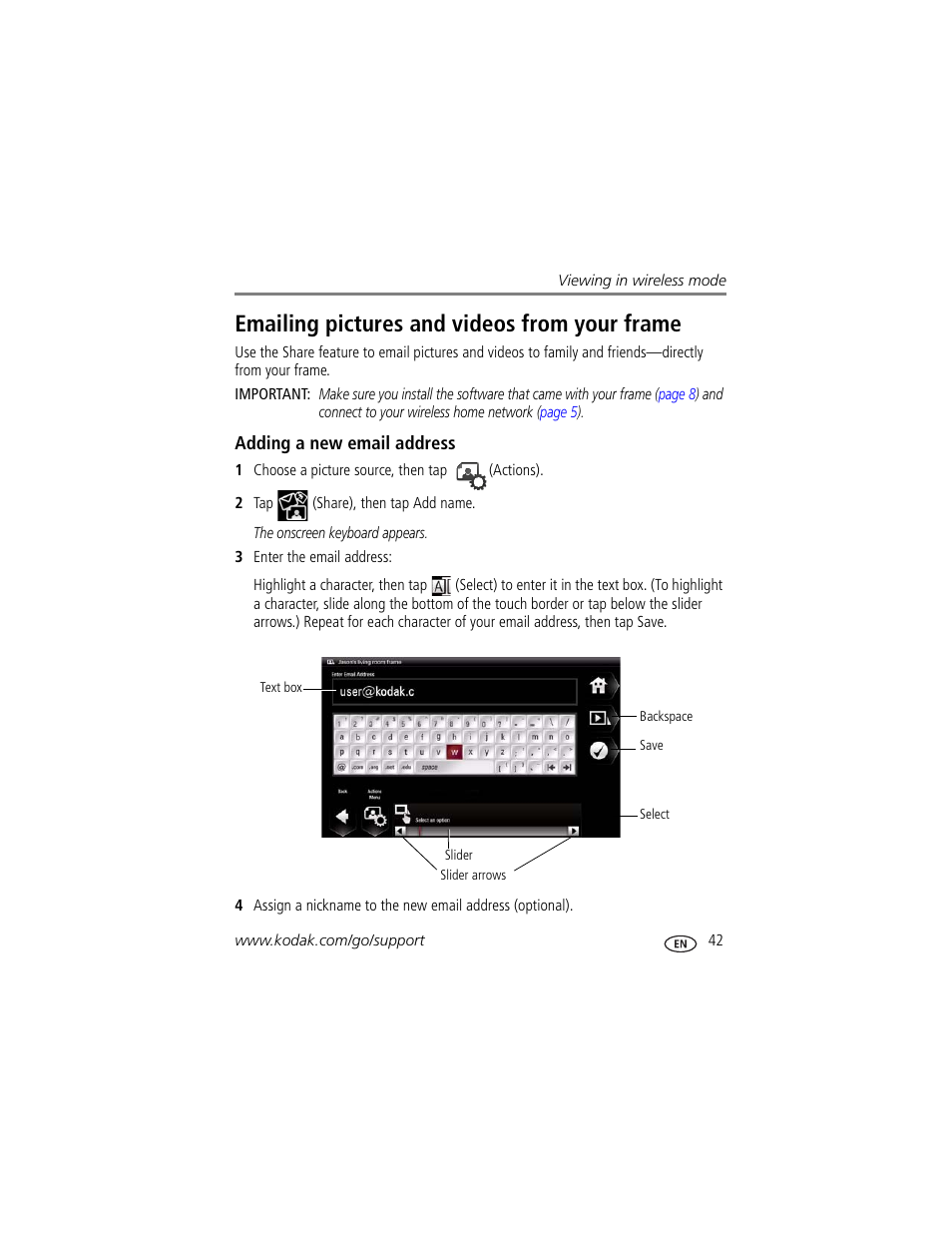 Emailing pictures and videos from your frame, Adding a new email address | Kodak Digital Photo Frame User Manual | Page 49 / 89