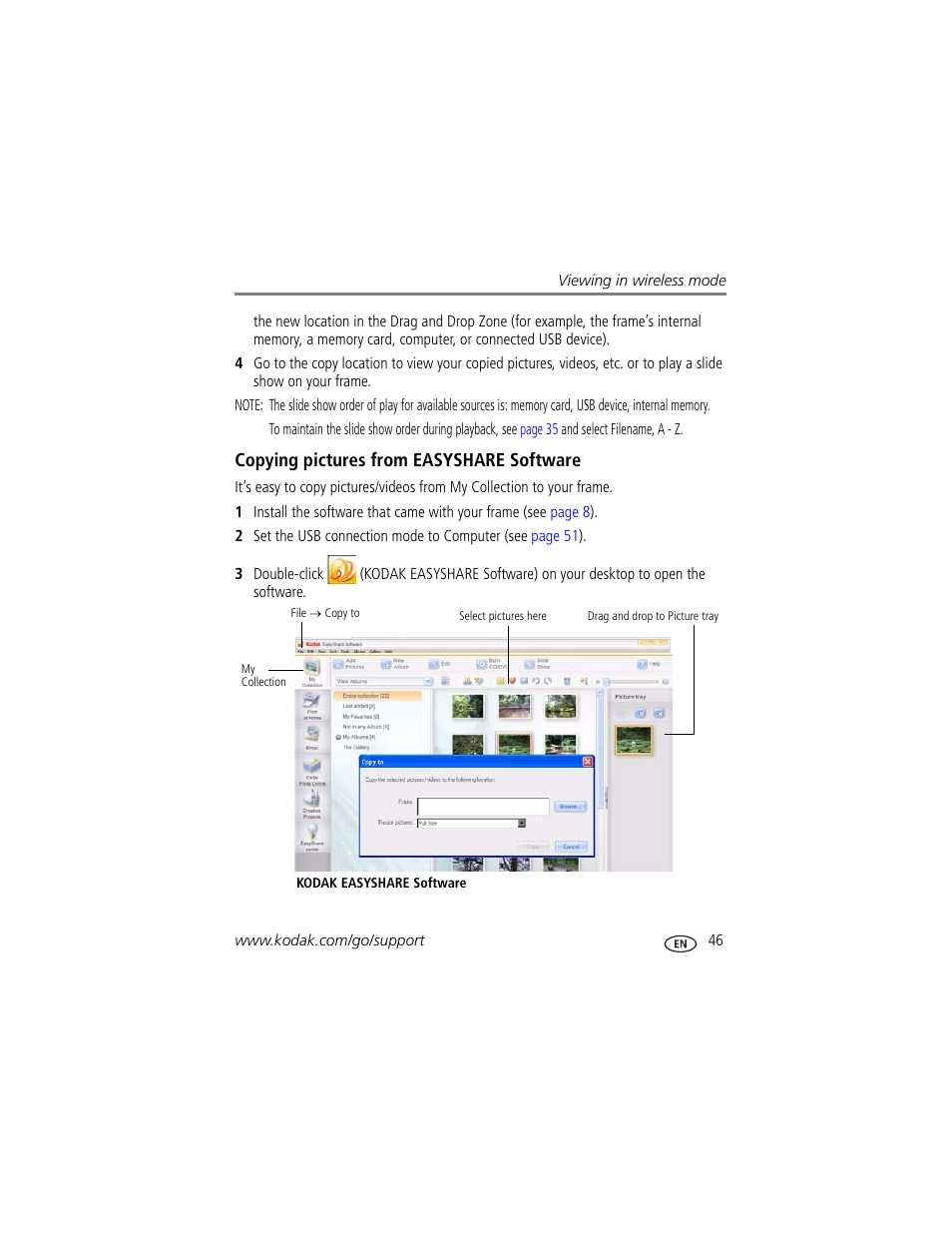 Copying pictures from easyshare software | Kodak Digital Photo Frame User Manual | Page 53 / 89