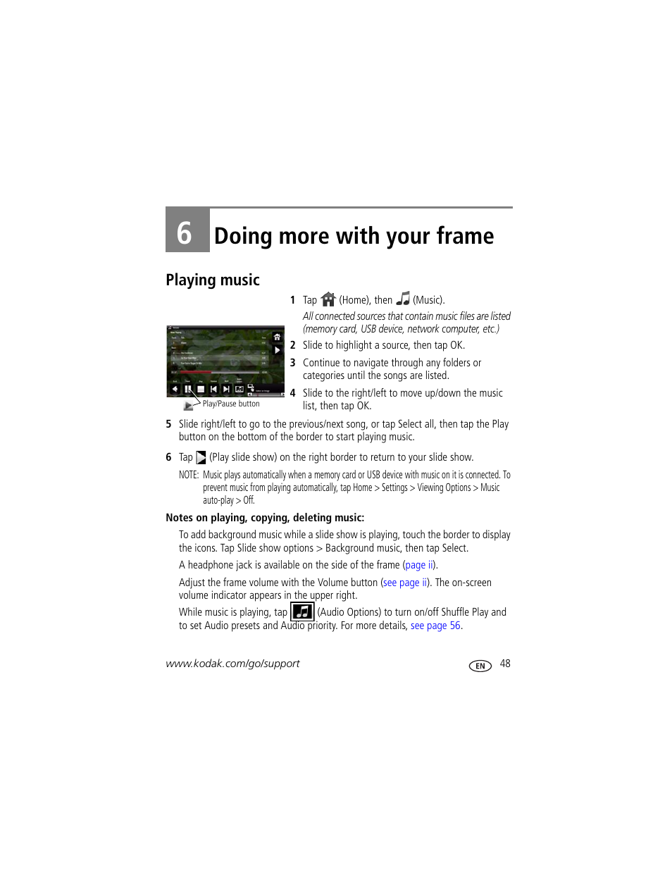 Doing more with your frame, Playing music, 6 doing more with your frame | Kodak Digital Photo Frame User Manual | Page 55 / 89