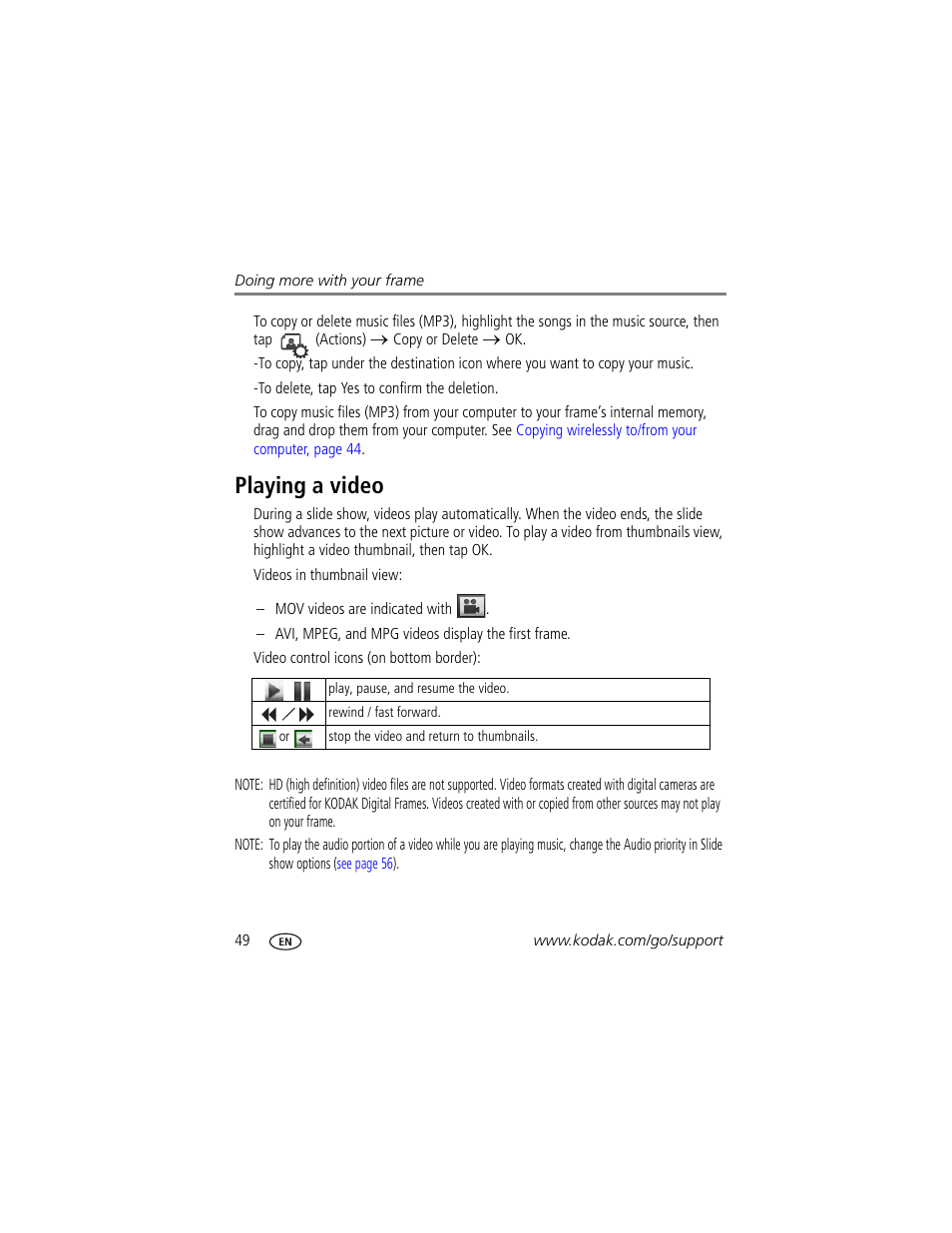 Playing a video | Kodak Digital Photo Frame User Manual | Page 56 / 89
