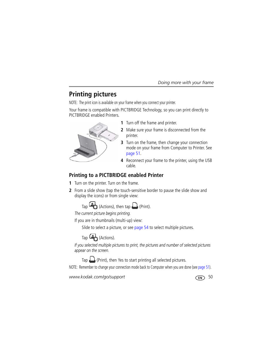 Printing pictures, Printing to a pictbridge enabled printer | Kodak Digital Photo Frame User Manual | Page 57 / 89