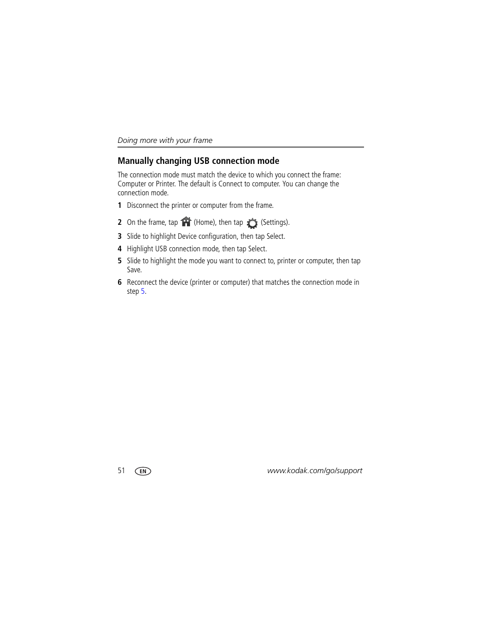 Manually changing usb connection mode, Er (see | Kodak Digital Photo Frame User Manual | Page 58 / 89