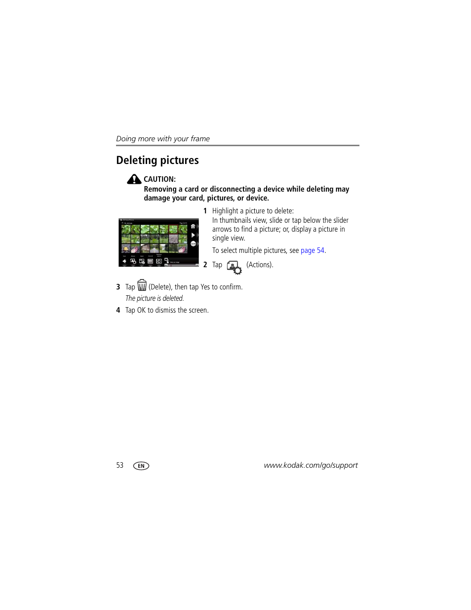 Deleting pictures, To delete them | Kodak Digital Photo Frame User Manual | Page 60 / 89