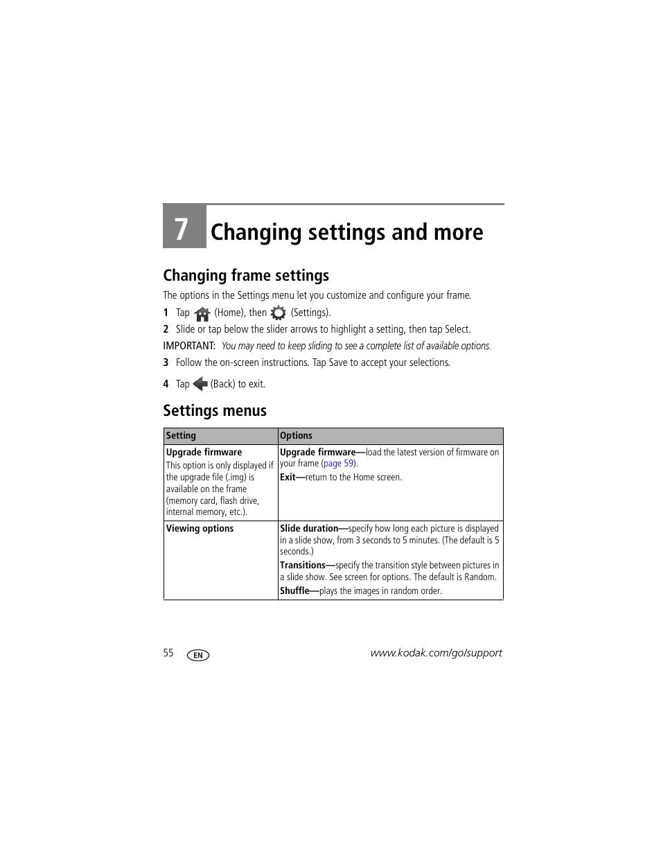 Changing settings and more, Changing frame settings, Settings menus | 7 changing settings and more, Changing frame settings settings menus, And timer (see, Changing settings and, Style | Kodak Digital Photo Frame User Manual | Page 62 / 89