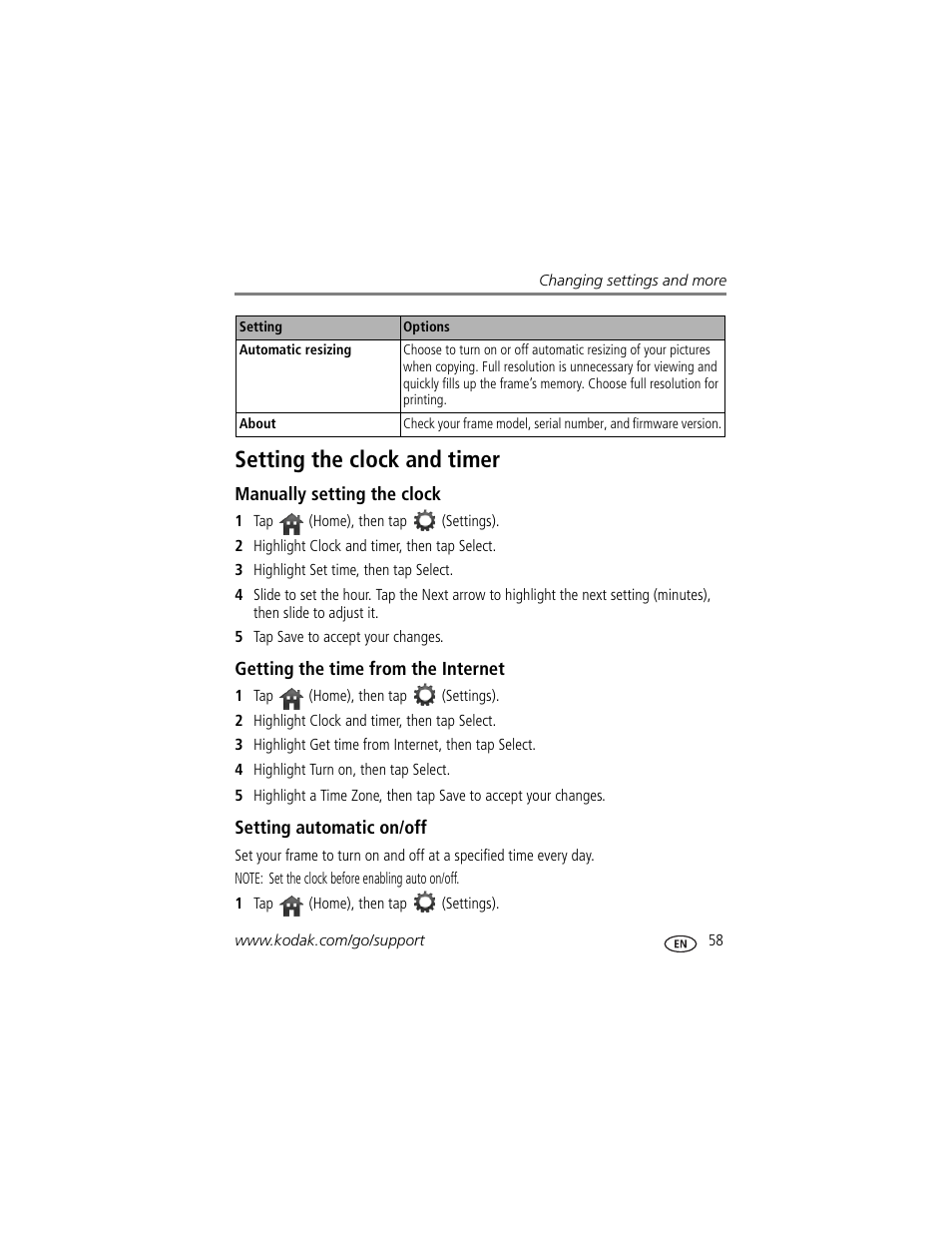 Setting the clock and timer, Manually setting the clock, Getting the time from the internet | Setting automatic on/off, Y day | Kodak Digital Photo Frame User Manual | Page 65 / 89