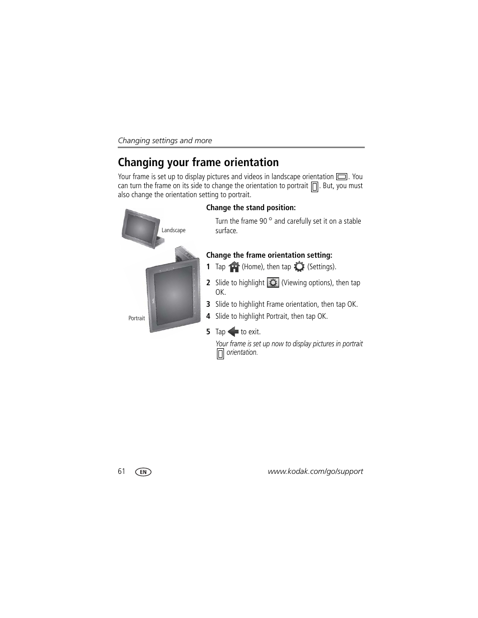 Changing your frame orientation | Kodak Digital Photo Frame User Manual | Page 68 / 89