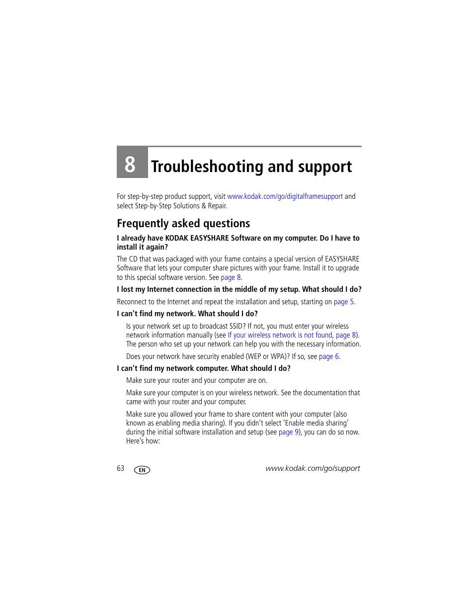 Troubleshooting and support, Frequently asked questions, 8 troubleshooting and support | Help on | Kodak Digital Photo Frame User Manual | Page 70 / 89