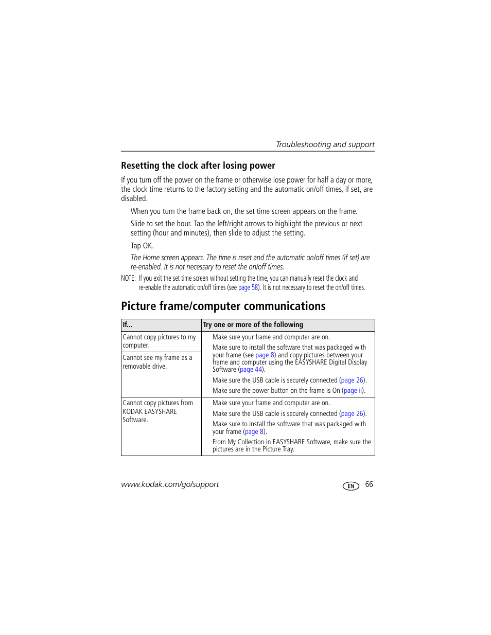 Resetting the clock after losing power, Picture frame/computer communications, Resetting the clock after | Kodak Digital Photo Frame User Manual | Page 73 / 89