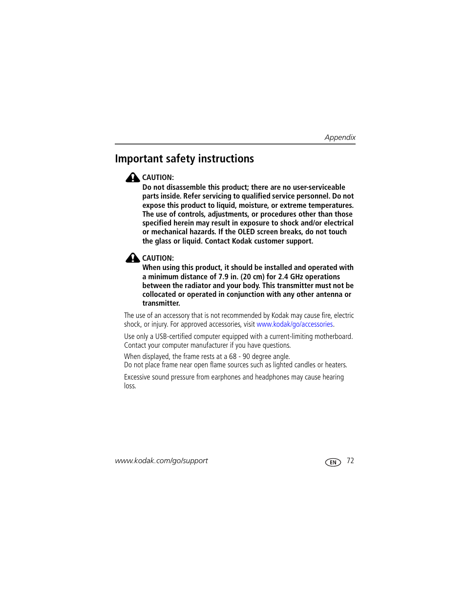 Important safety instructions | Kodak Digital Photo Frame User Manual | Page 79 / 89