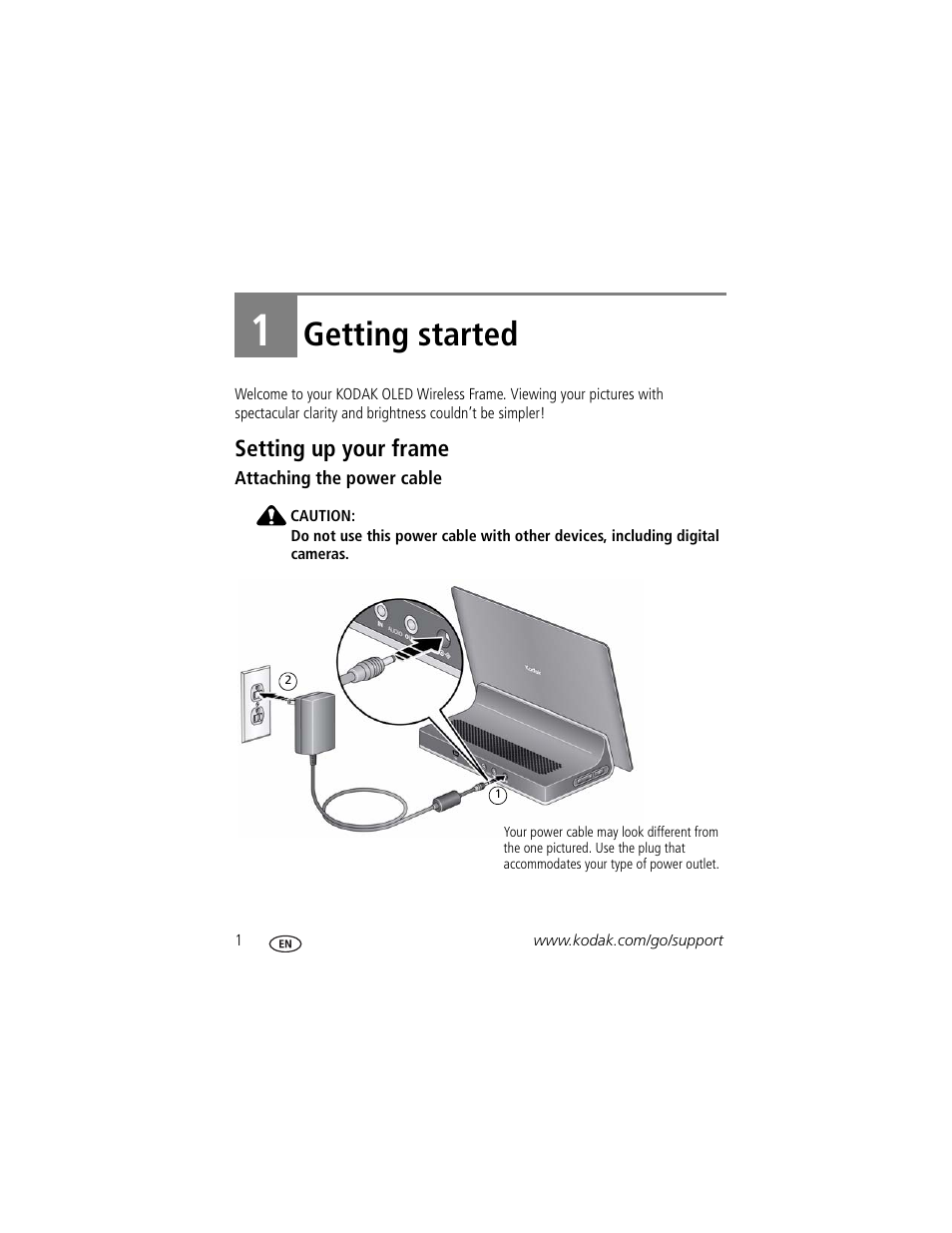 Getting started, Setting up your frame, Attaching the power cable | 1 getting started | Kodak Digital Photo Frame User Manual | Page 8 / 89