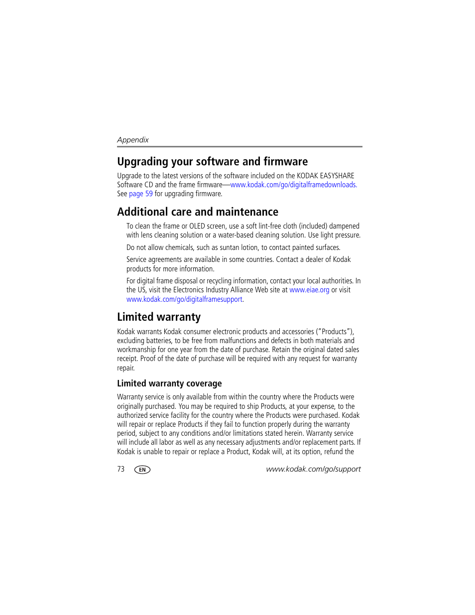 Upgrading your software and firmware, Additional care and maintenance, Limited warranty | Limited warranty coverage | Kodak Digital Photo Frame User Manual | Page 80 / 89