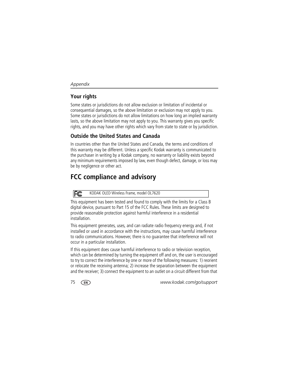 Your rights, Outside the united states and canada, Fcc compliance and advisory | Kodak Digital Photo Frame User Manual | Page 82 / 89