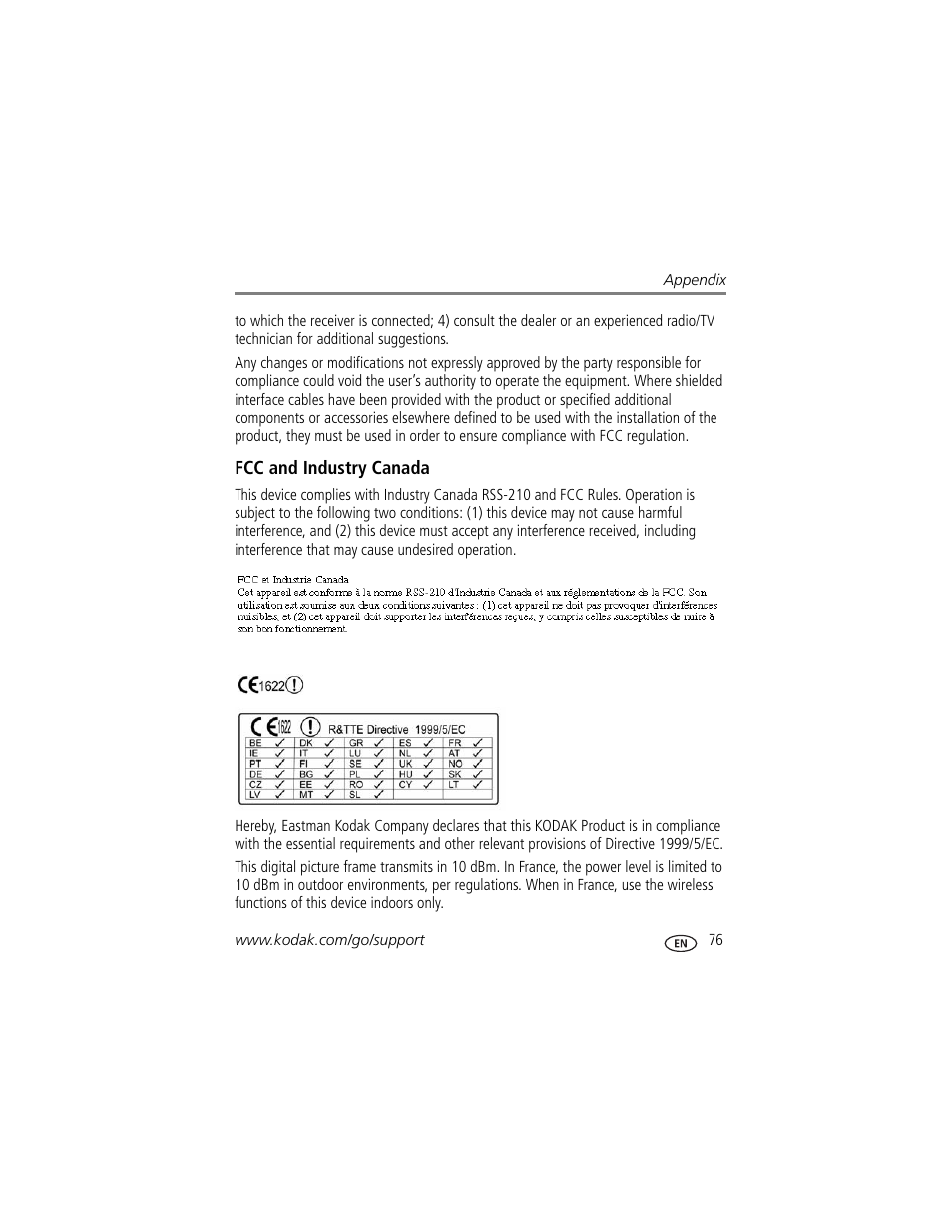 Fcc and industry canada | Kodak Digital Photo Frame User Manual | Page 83 / 89