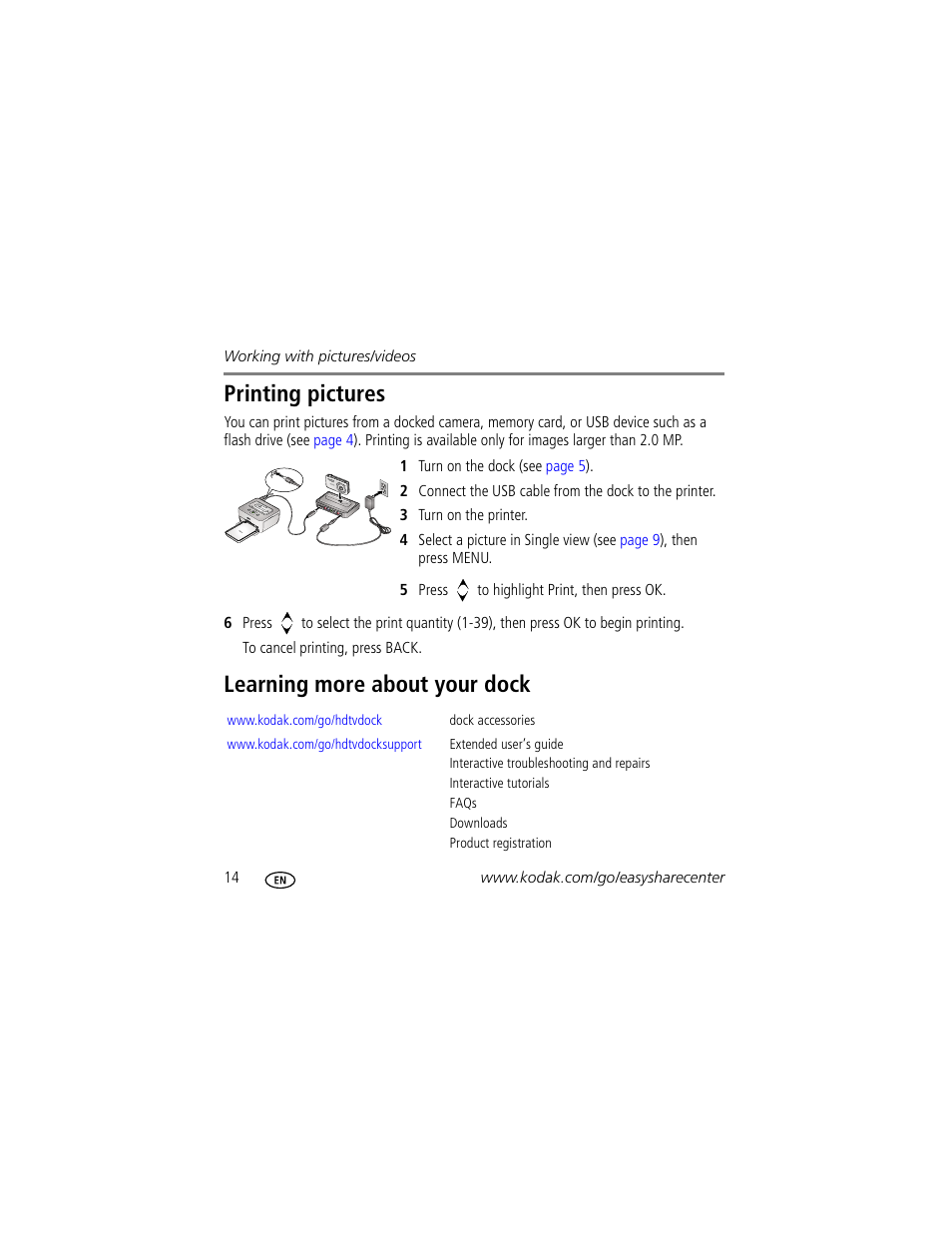 Printing pictures, Learning more about your dock | Kodak 2F6571 User Manual | Page 14 / 20