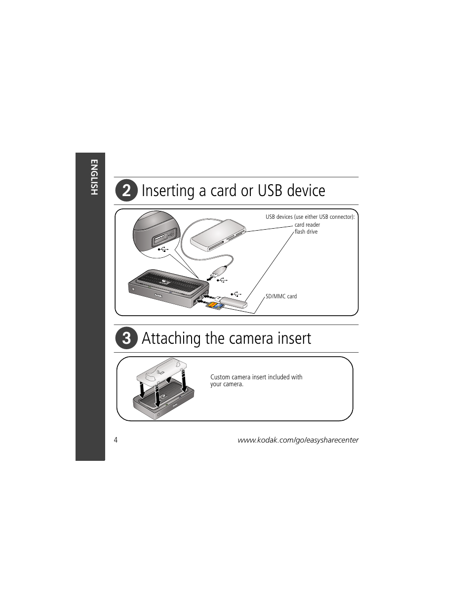 Inserting a card or usb device, Attaching the camera insert | Kodak 2F6571 User Manual | Page 4 / 20