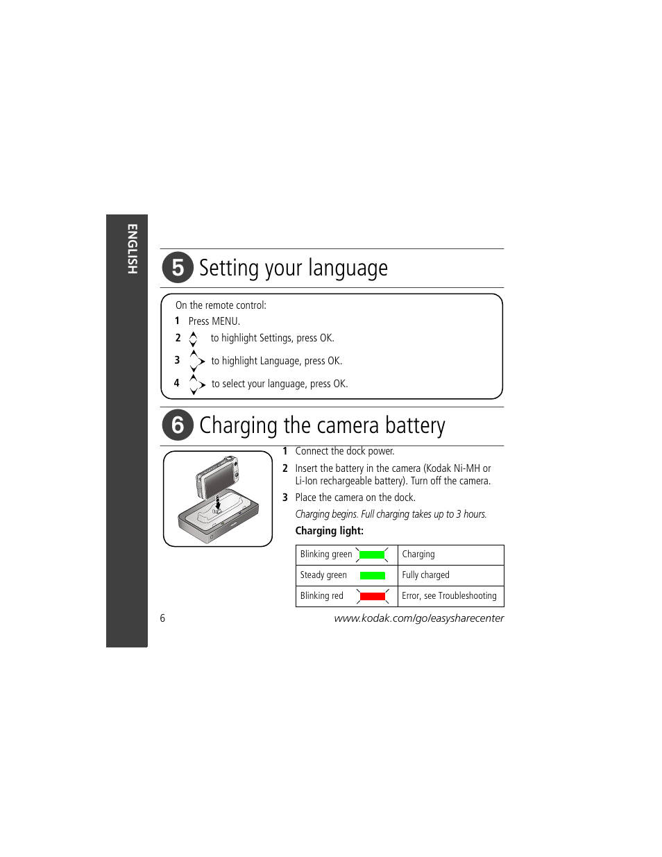 Setting your language, Charging the camera battery | Kodak 2F6571 User Manual | Page 6 / 20