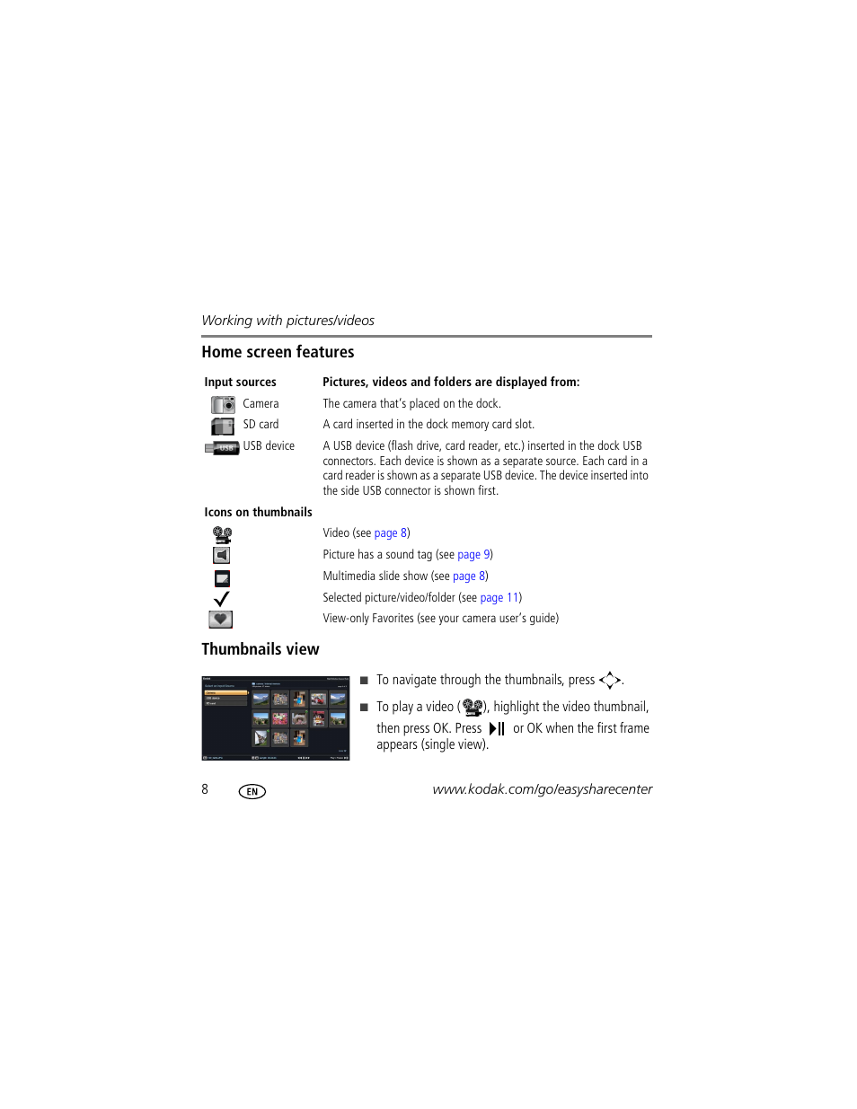 Home screen features thumbnails view | Kodak 2F6571 User Manual | Page 8 / 20