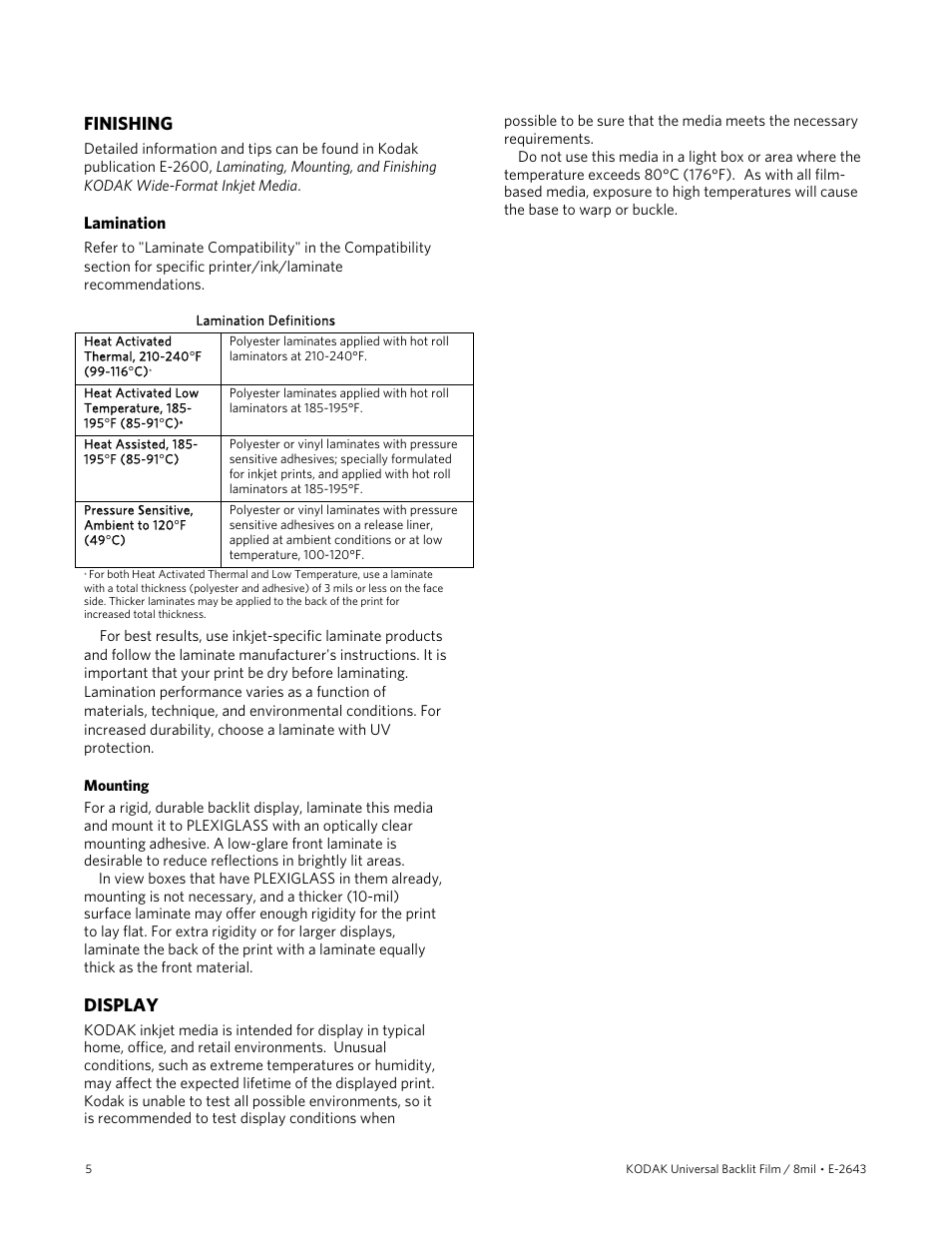 Finishing, Display | Kodak 8mil User Manual | Page 5 / 8