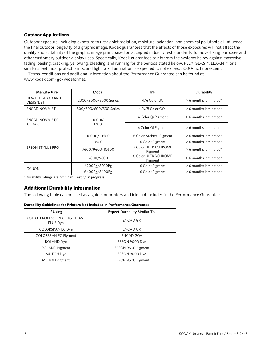 Additional durability information | Kodak 8mil User Manual | Page 7 / 8