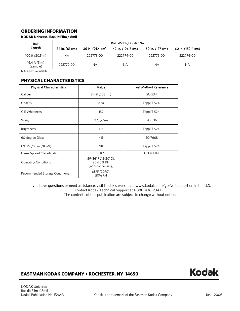 Ordering information, Physical characteristics | Kodak 8mil User Manual | Page 8 / 8