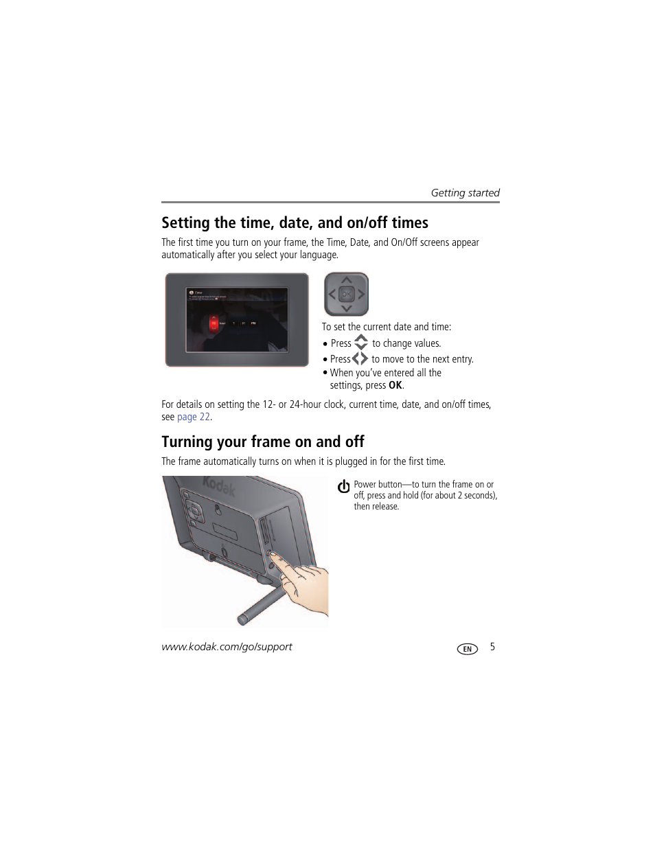 Setting the time, date, and on/off times, Turning your frame on and off | Kodak EasyShare P76 User Manual | Page 11 / 47