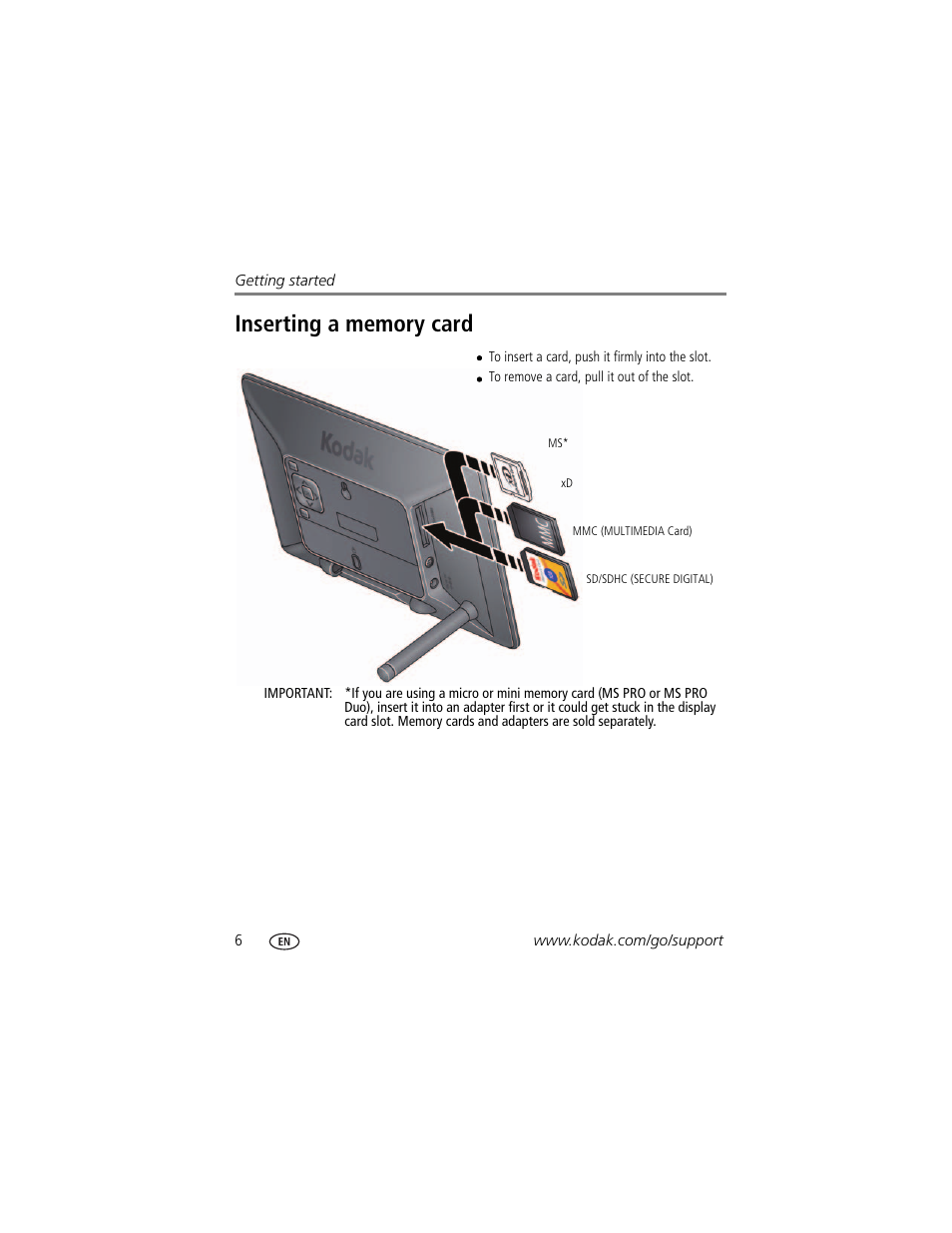 Inserting a memory card | Kodak EasyShare P76 User Manual | Page 12 / 47