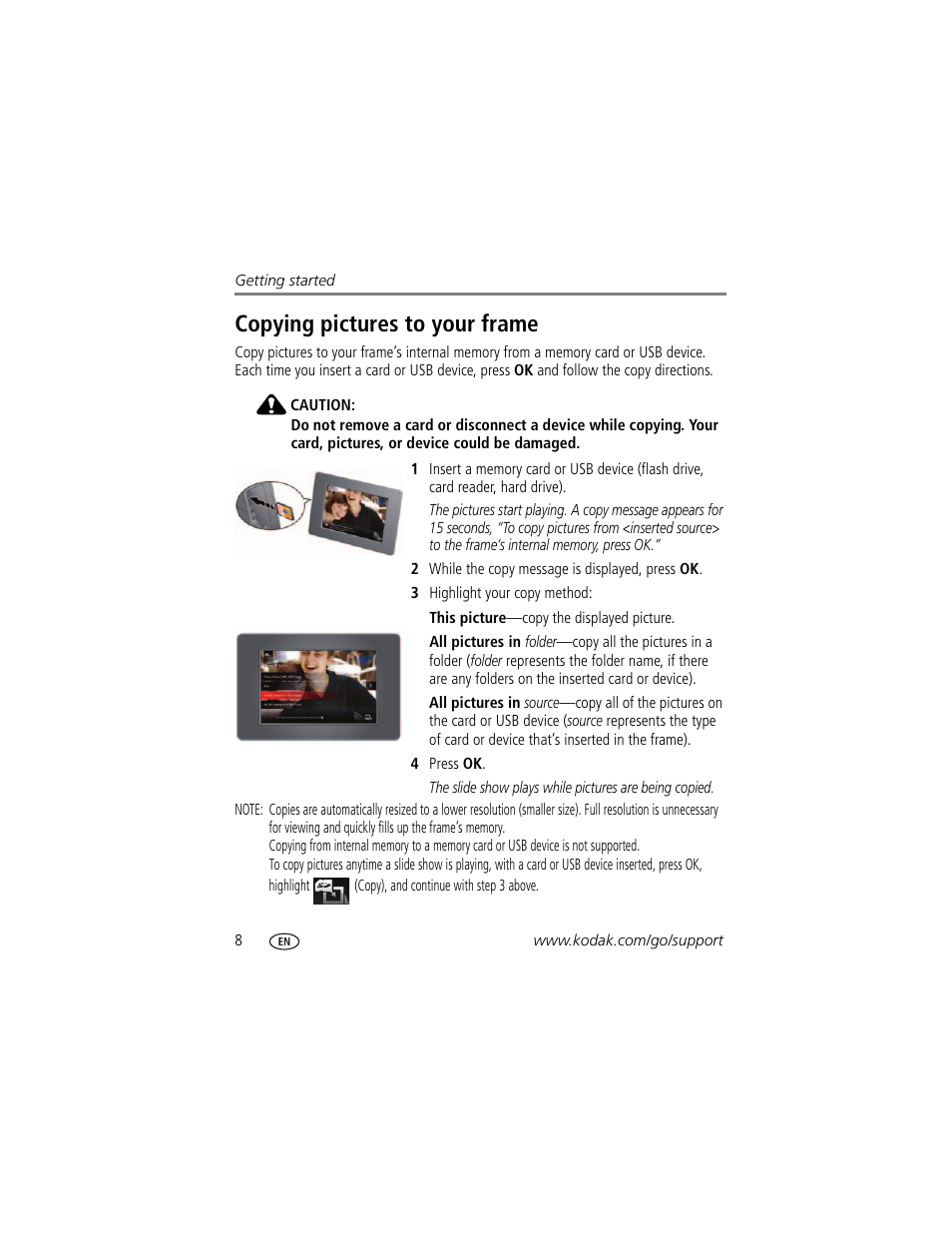 Copying pictures to your frame, Device is inserted | Kodak EasyShare P76 User Manual | Page 14 / 47