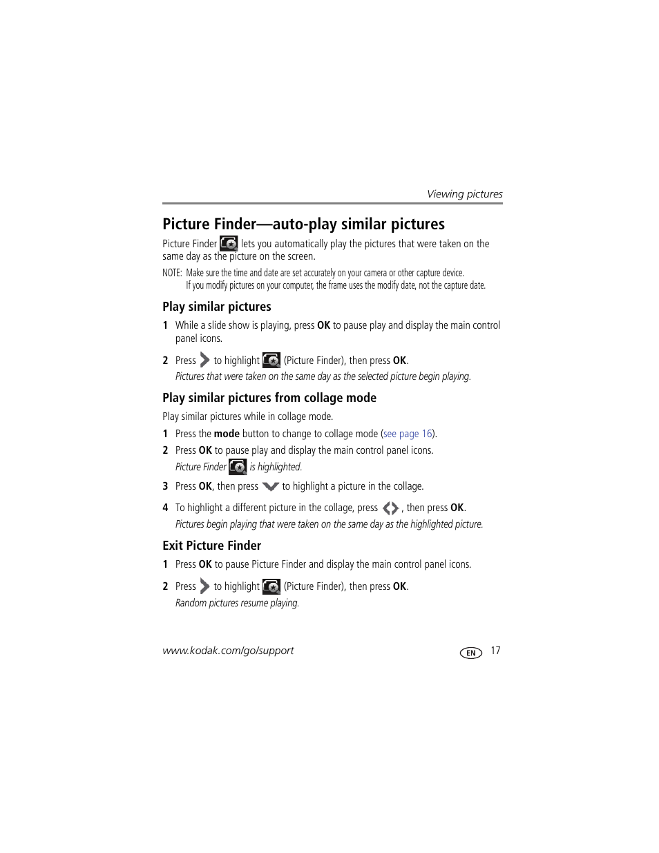 Picture finder—auto-play similar pictures, Play similar pictures, Play similar pictures from collage mode | Exit picture finder | Kodak EasyShare P76 User Manual | Page 23 / 47