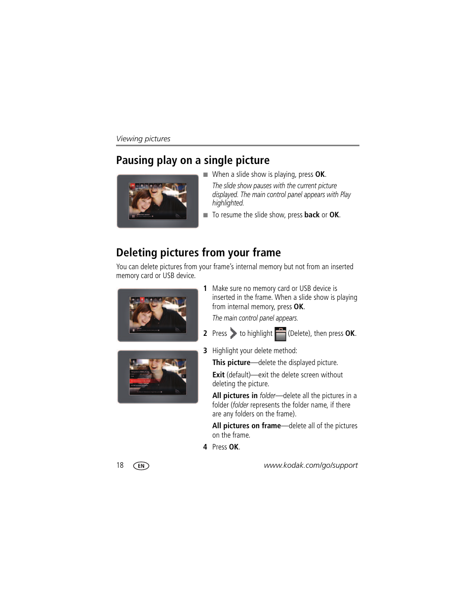 Pausing play on a single picture, Deleting pictures from your frame, Ide show | Kodak EasyShare P76 User Manual | Page 24 / 47