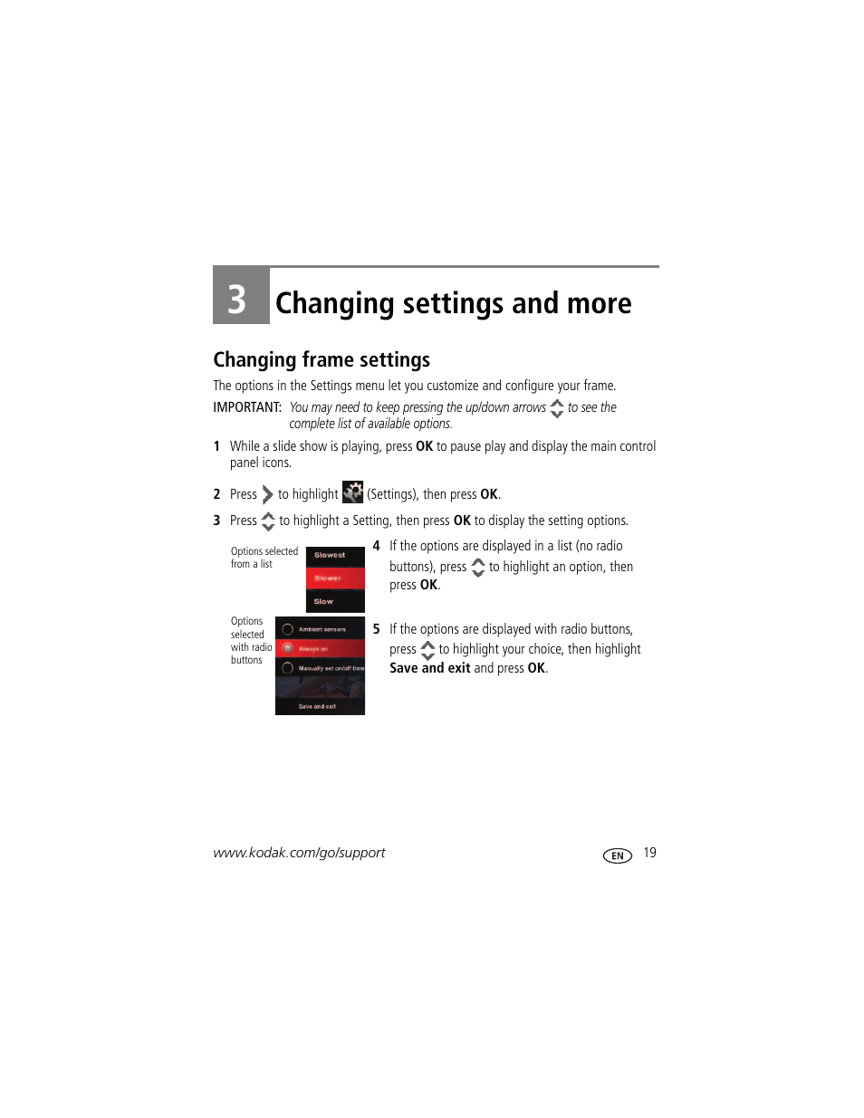 Changing settings and more, Changing frame settings, 3 changing settings and more | Kodak EasyShare P76 User Manual | Page 25 / 47