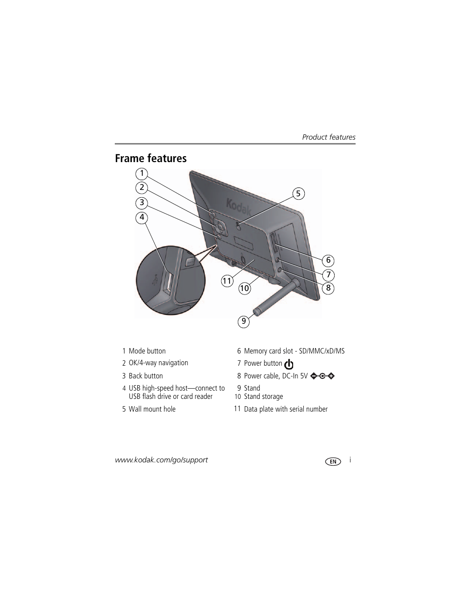 Product features, Frame features | Kodak EasyShare P76 User Manual | Page 3 / 47