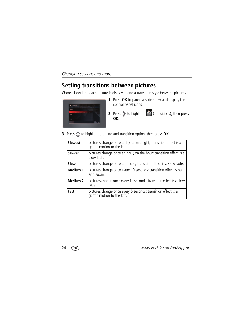 Setting transitions between pictures | Kodak EasyShare P76 User Manual | Page 30 / 47