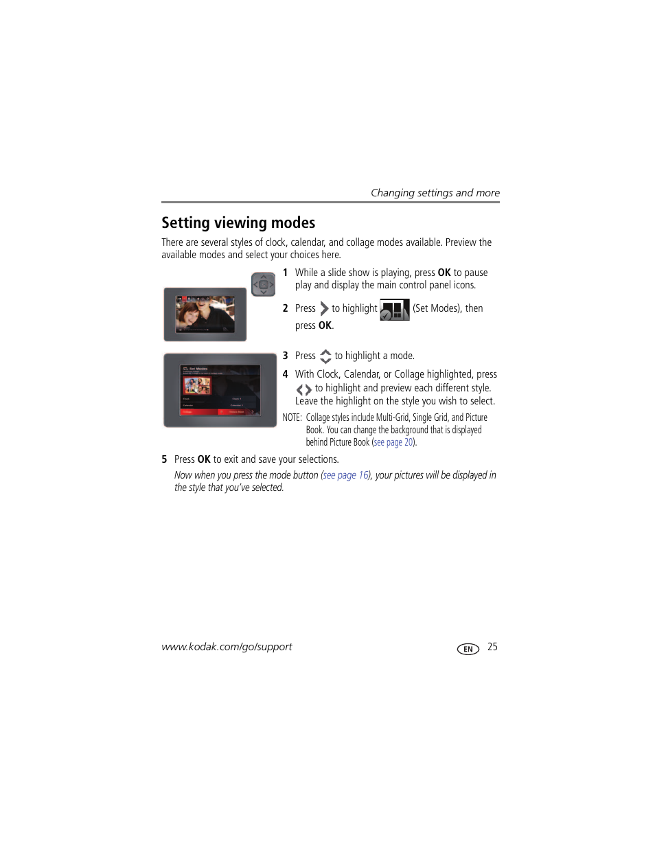 Setting viewing modes, The back of the frame, Mode | Kodak EasyShare P76 User Manual | Page 31 / 47