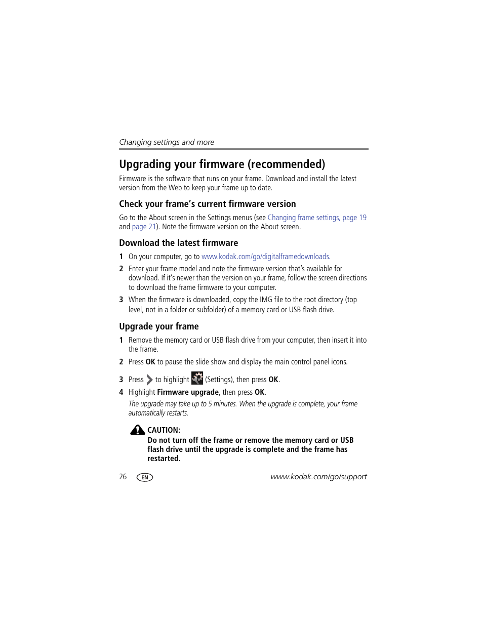 Upgrading your firmware (recommended), Check your frame’s current firmware version, Download the latest firmware | Upgrade your frame | Kodak EasyShare P76 User Manual | Page 32 / 47