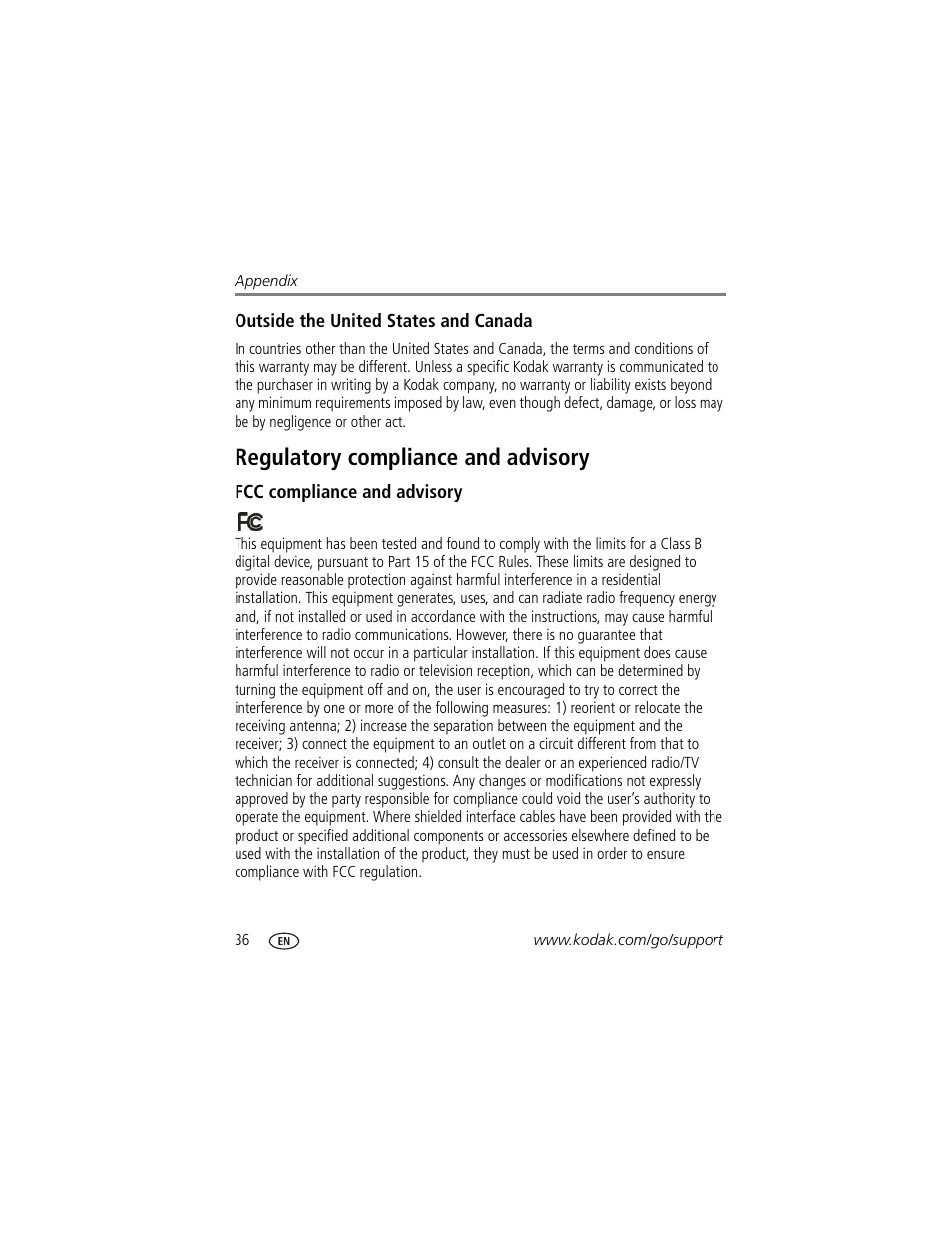 Outside the united states and canada, Regulatory compliance and advisory, Fcc compliance and advisory | Kodak EasyShare P76 User Manual | Page 42 / 47