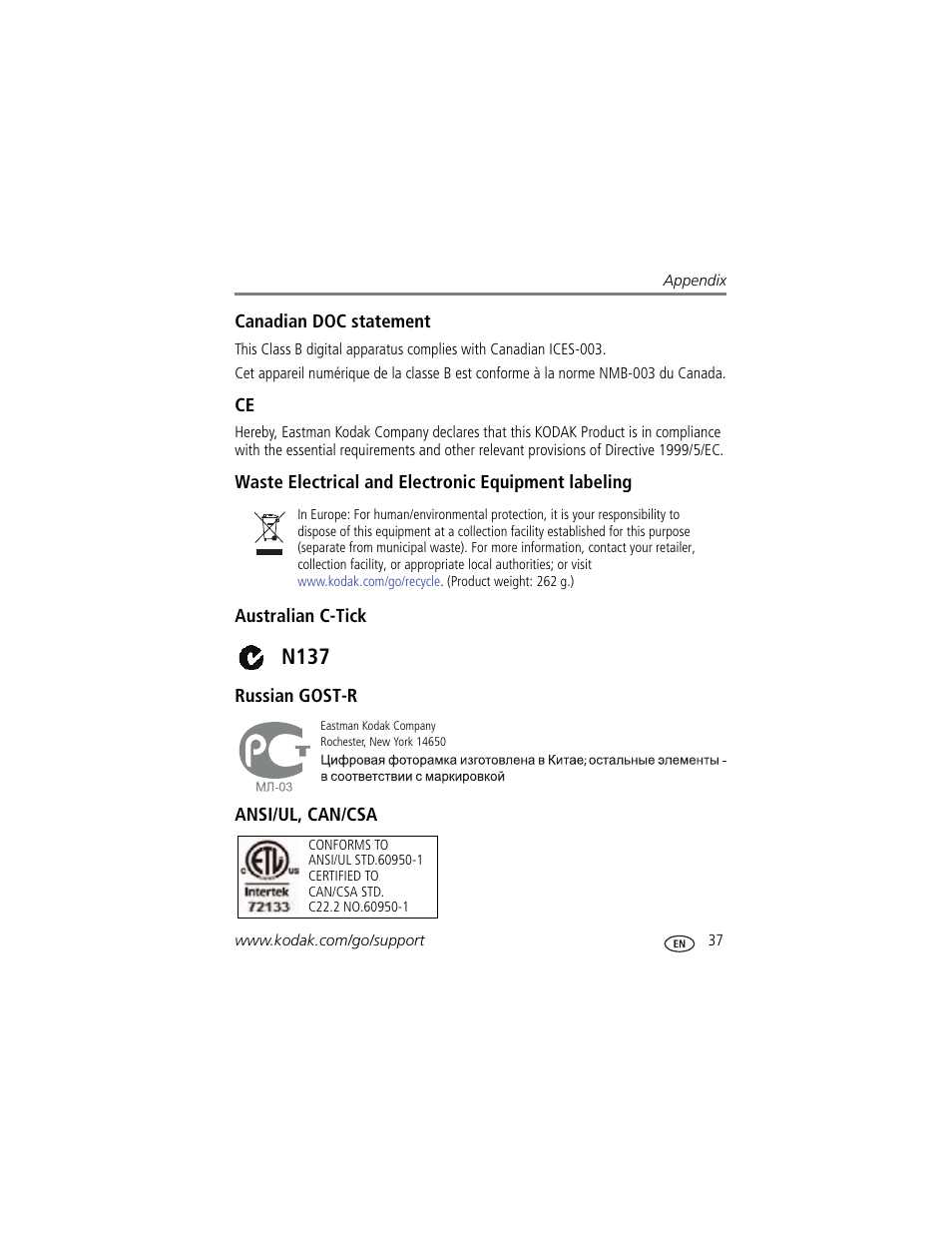 Canadian doc statement, Waste electrical and electronic equipment labeling, Australian c-tick | Russian gost-r, Ansi/ul, can/csa, N137 | Kodak EasyShare P76 User Manual | Page 43 / 47
