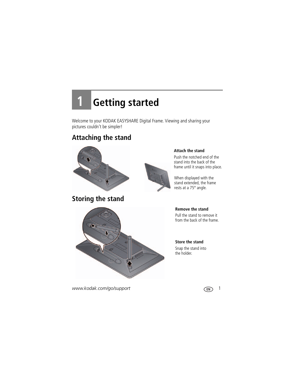 Getting started, Attaching the stand, Storing the stand | 1 getting started, Attaching the stand storing the stand | Kodak EasyShare P76 User Manual | Page 7 / 47