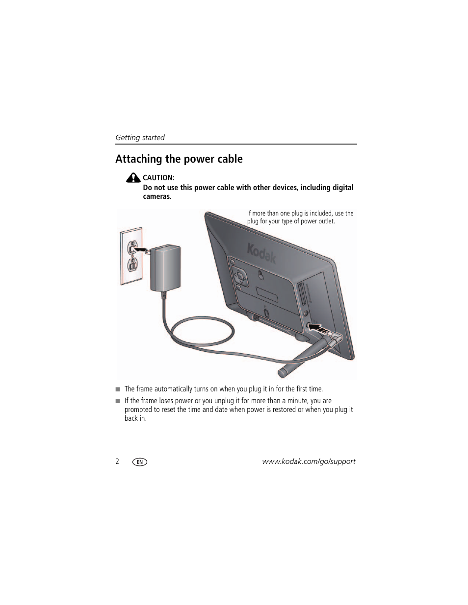 Attaching the power cable | Kodak EasyShare P76 User Manual | Page 8 / 47