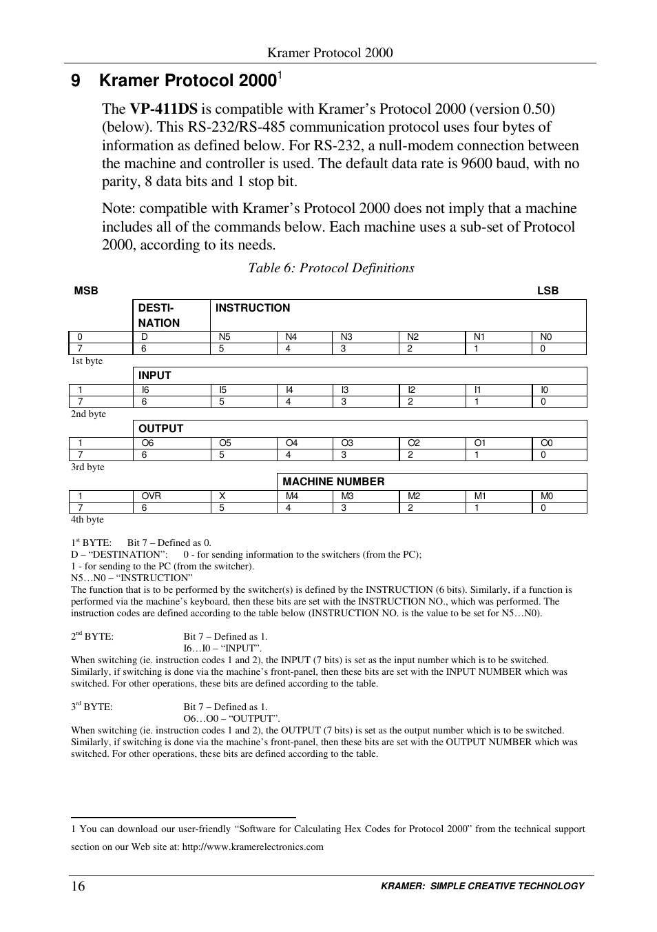 Kramer protocol 2000, Table 6: protocol definitions | Kramer Electronics AUDIO SWITCHER VP-411DS User Manual | Page 18 / 22
