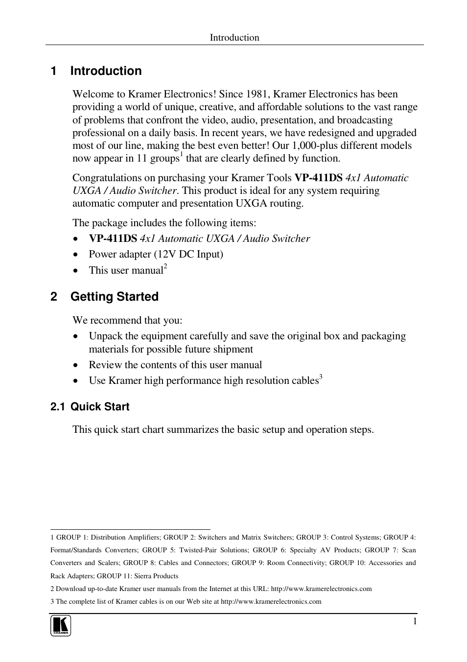 1 introduction, 2 getting started | Kramer Electronics AUDIO SWITCHER VP-411DS User Manual | Page 3 / 22