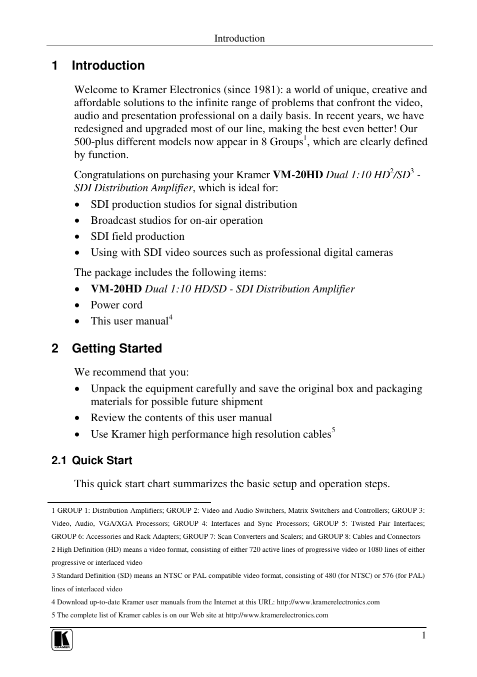 1 introduction, 2 getting started | Kramer Electronics VM-20HD User Manual | Page 3 / 12