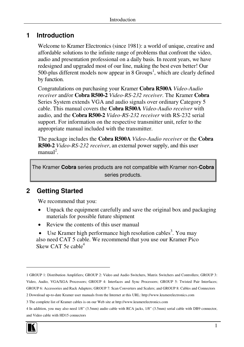 1 introduction, 2 getting started | Kramer Electronics COBRA R500A User Manual | Page 3 / 14