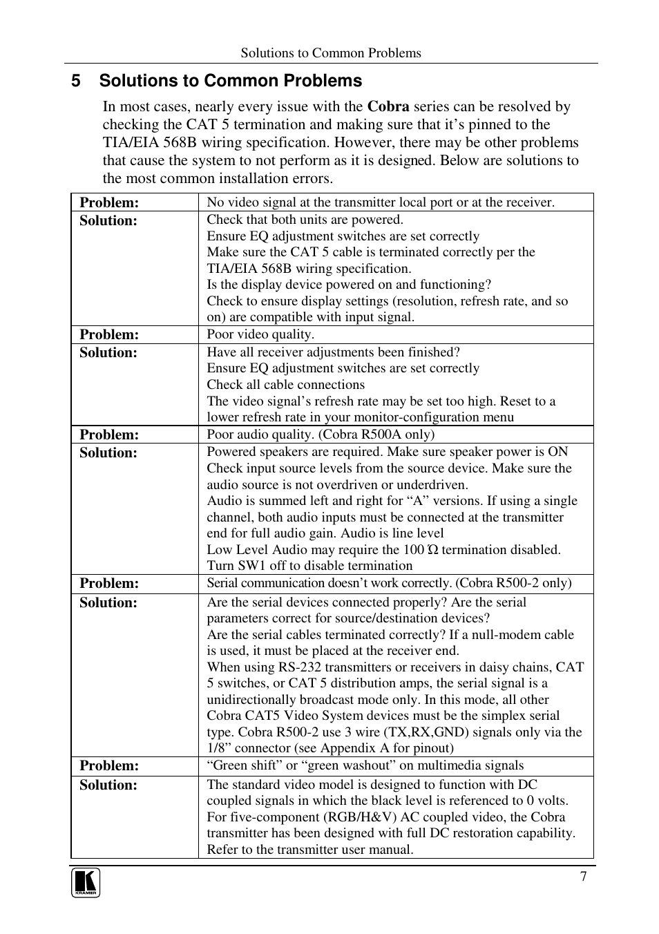 5 solutions to common problems | Kramer Electronics COBRA R500A User Manual | Page 9 / 14